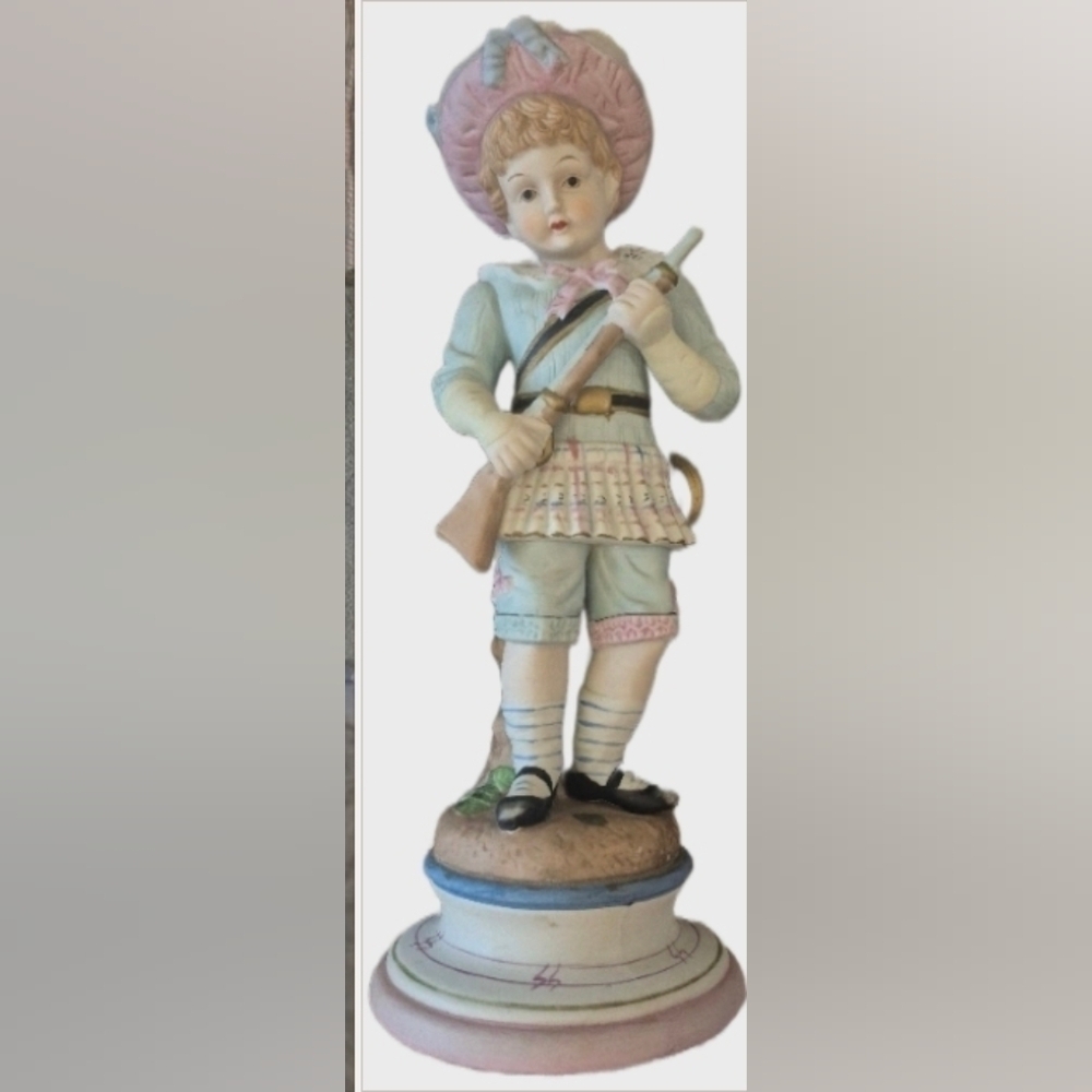 Vintage French Bisque Porcelain Little Boy With Gun Figurine 16" Large Rare